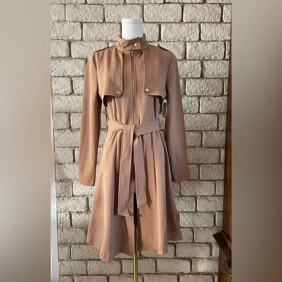 Love Tree Tan Long Sleeve Trench Coat Style Dress. Size Large - Picture 1 of 8